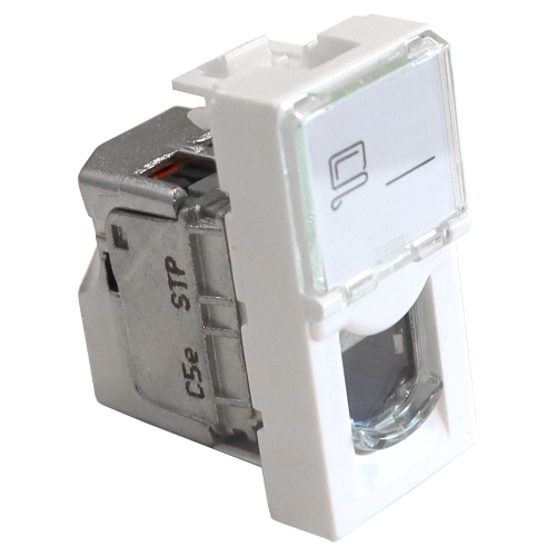 22.5x45 Mosaic insert, RJ-45 STP, category 5e, with shutter and enlarged label field, white